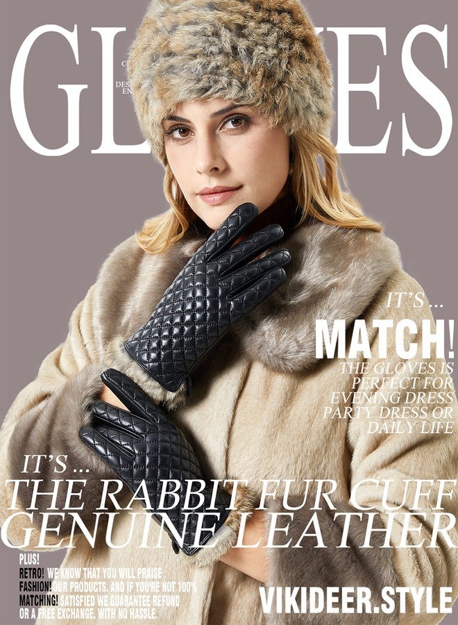 VIKIDEER Winter Warm Cashmere Lining Rabbit Fur Cuffs Leather Gloves for Women Touchscreen Black Large - Image 2